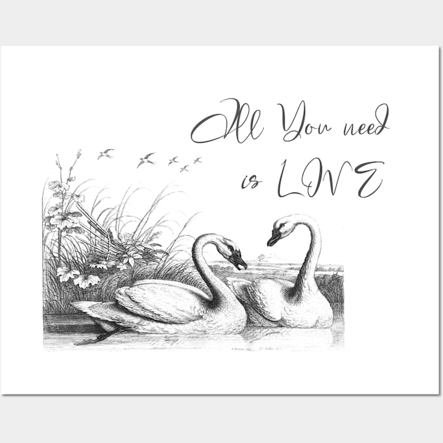 Swans Vintage Wildlife Illustration with Text Wall Art by Biophilia